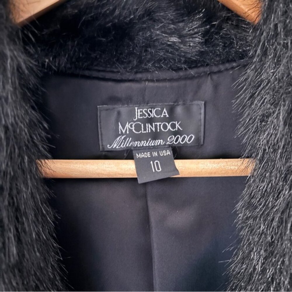 Jessica McClintock Vintage Black Satin Faux Fur Blazer Jacket Zip Up Size S / M - Picture 6 of 11